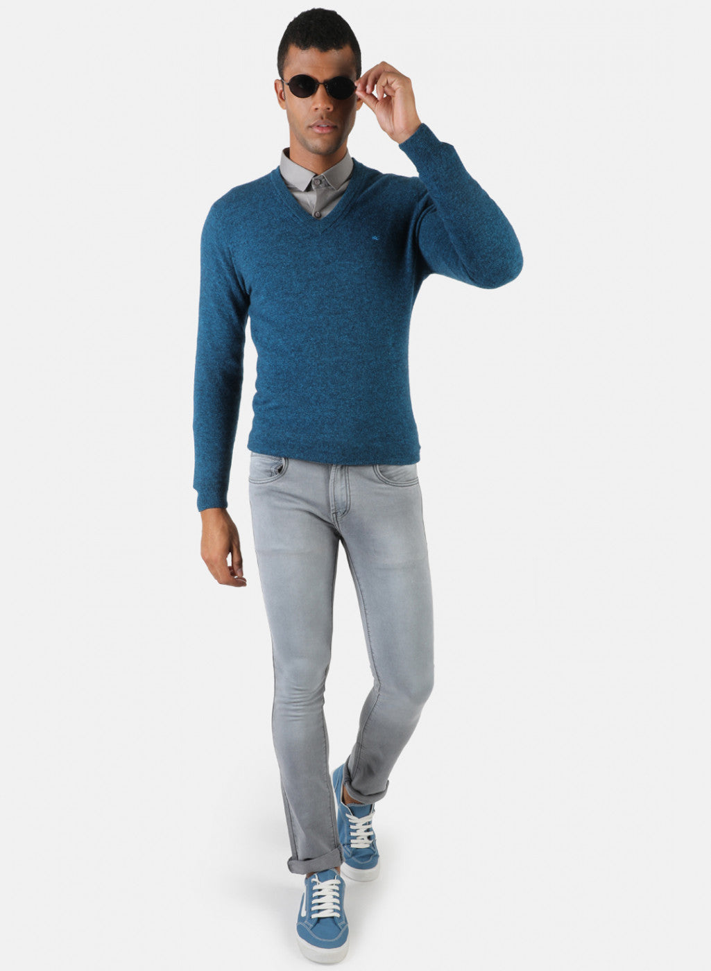 Men Blue Melange Solid Pullover