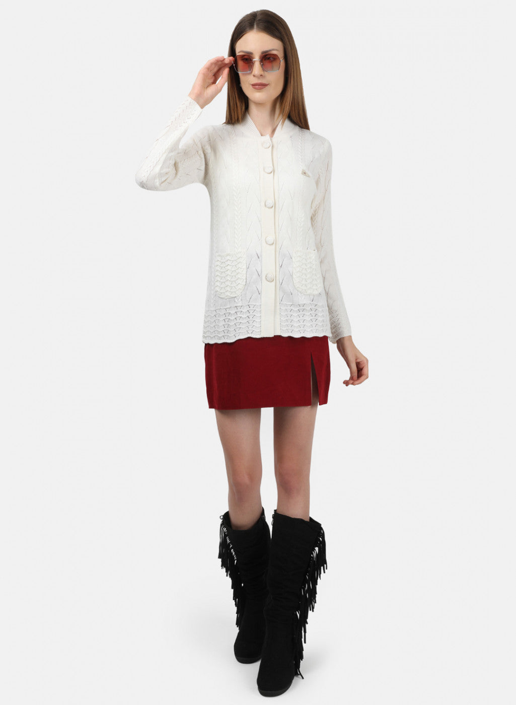 Women White Self Design Cardigan