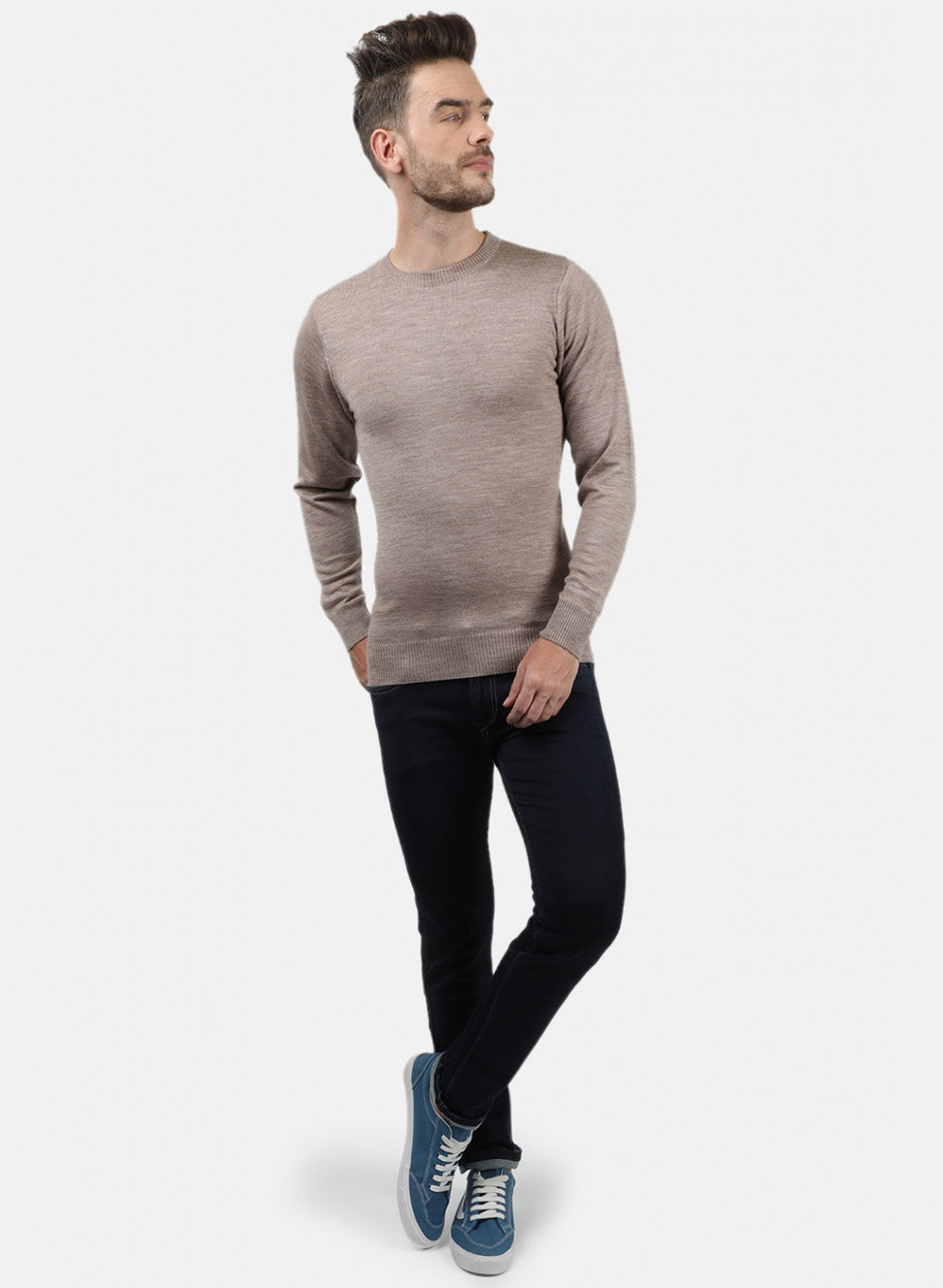 Men Beige Solid Pullover