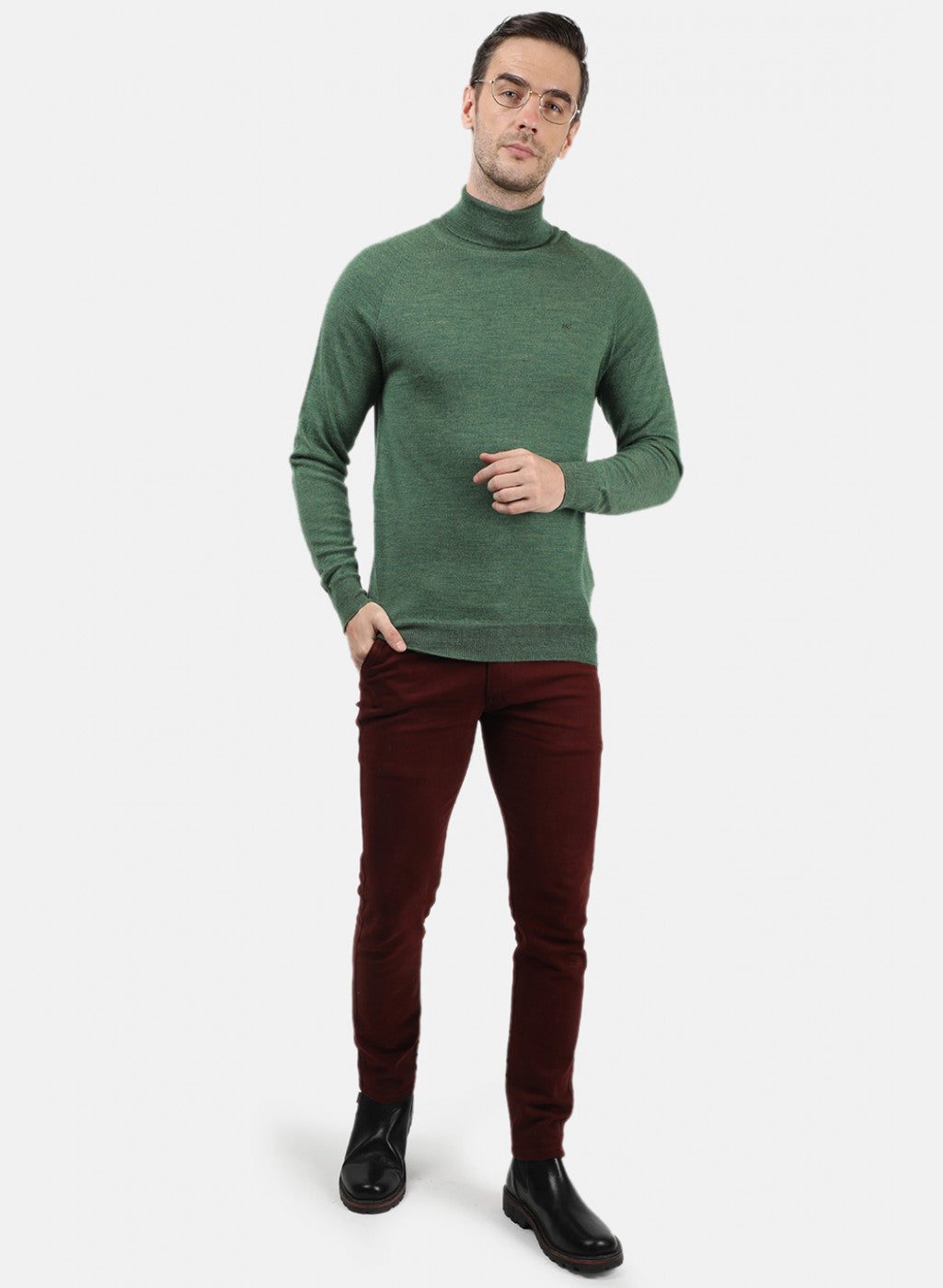 Men Green Melange Solid Pullover