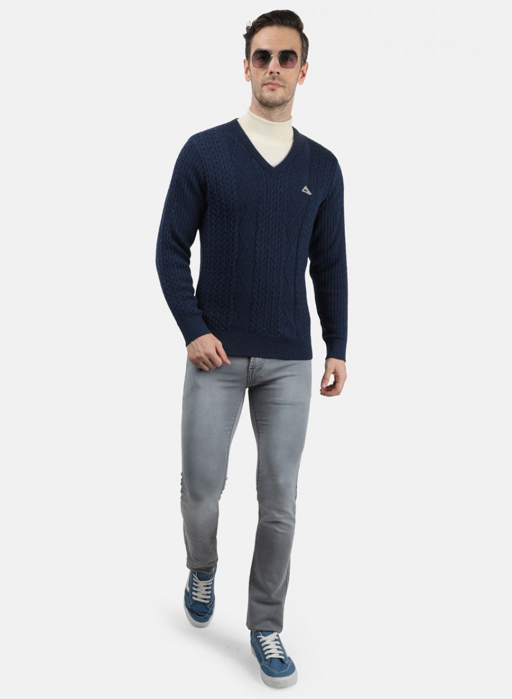 Men NAvy Blue Self Design Pullover