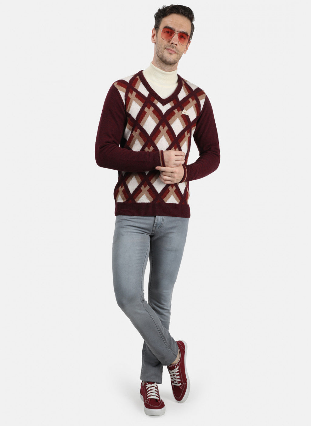 Men Brown & White Solid Pullover