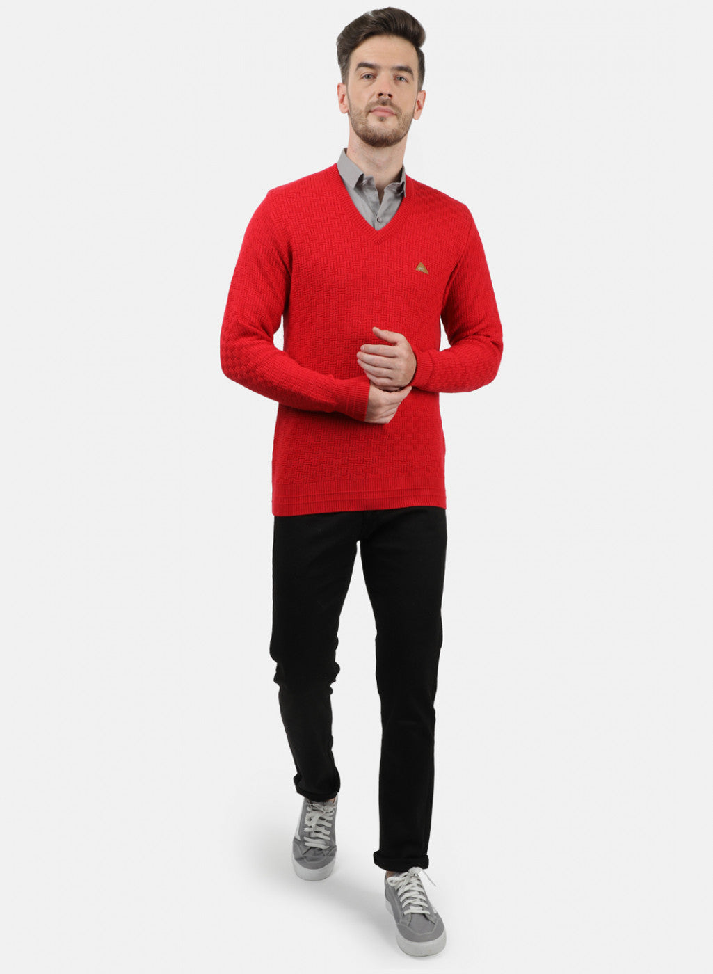 Men Red Self Pullover