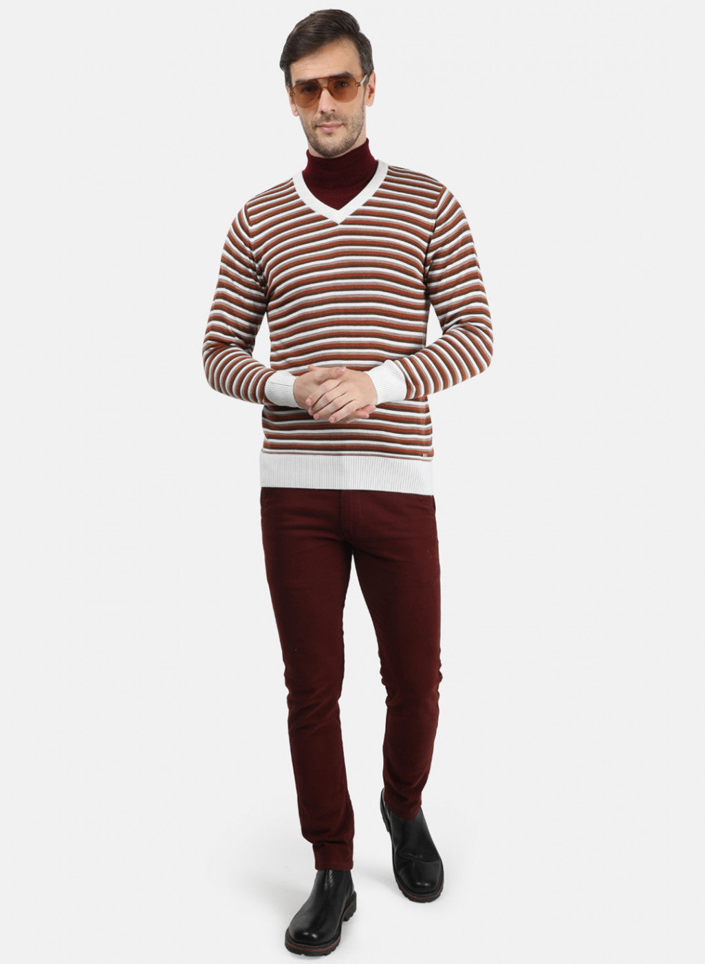 Men White & Brown Solid Pullover