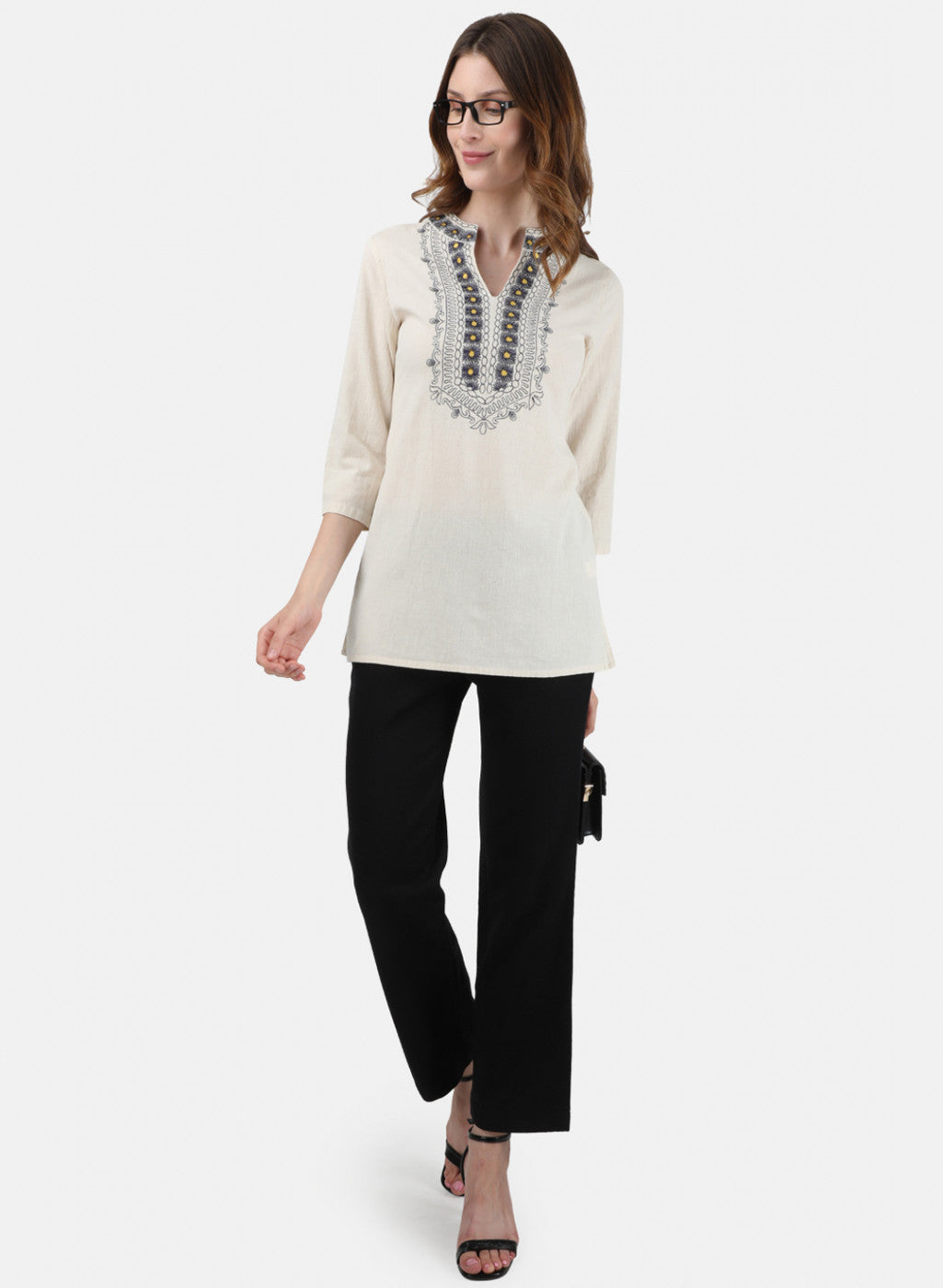 Womens Beige Embroidered Top