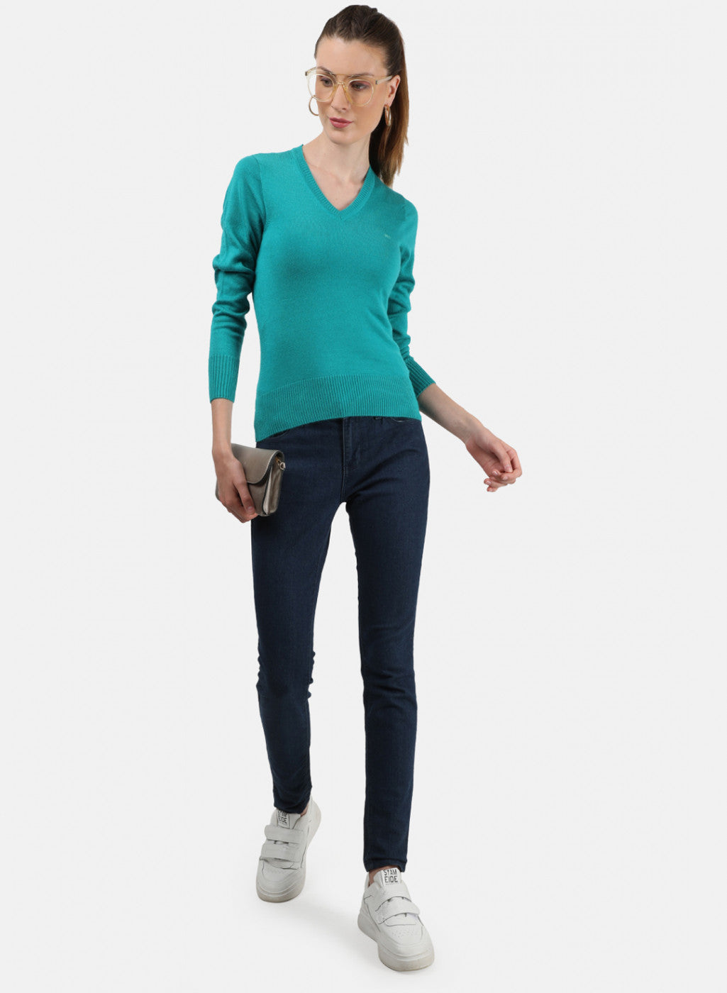 Women Light Green V Neck Top