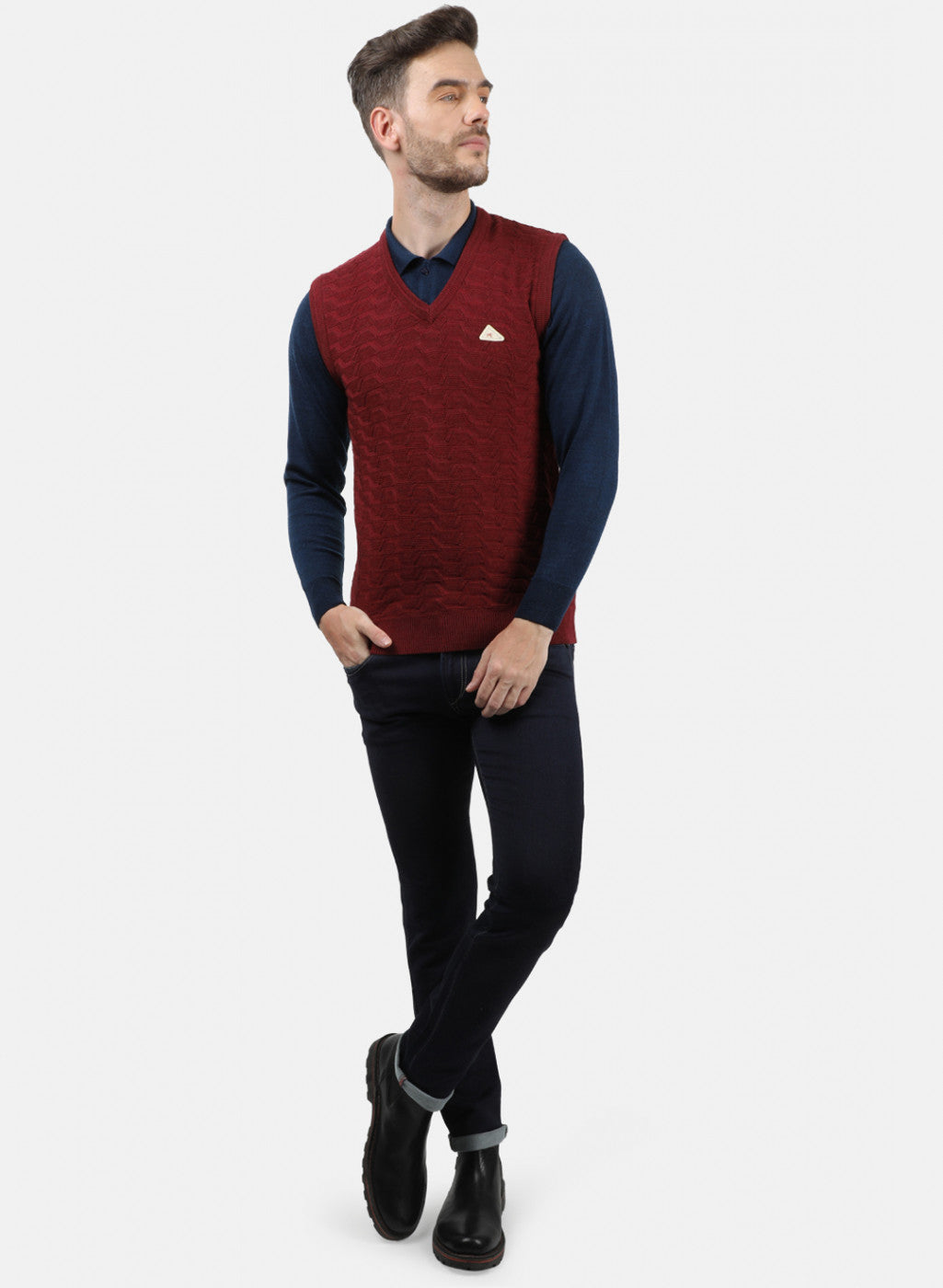 Men Maroon Self Sweater