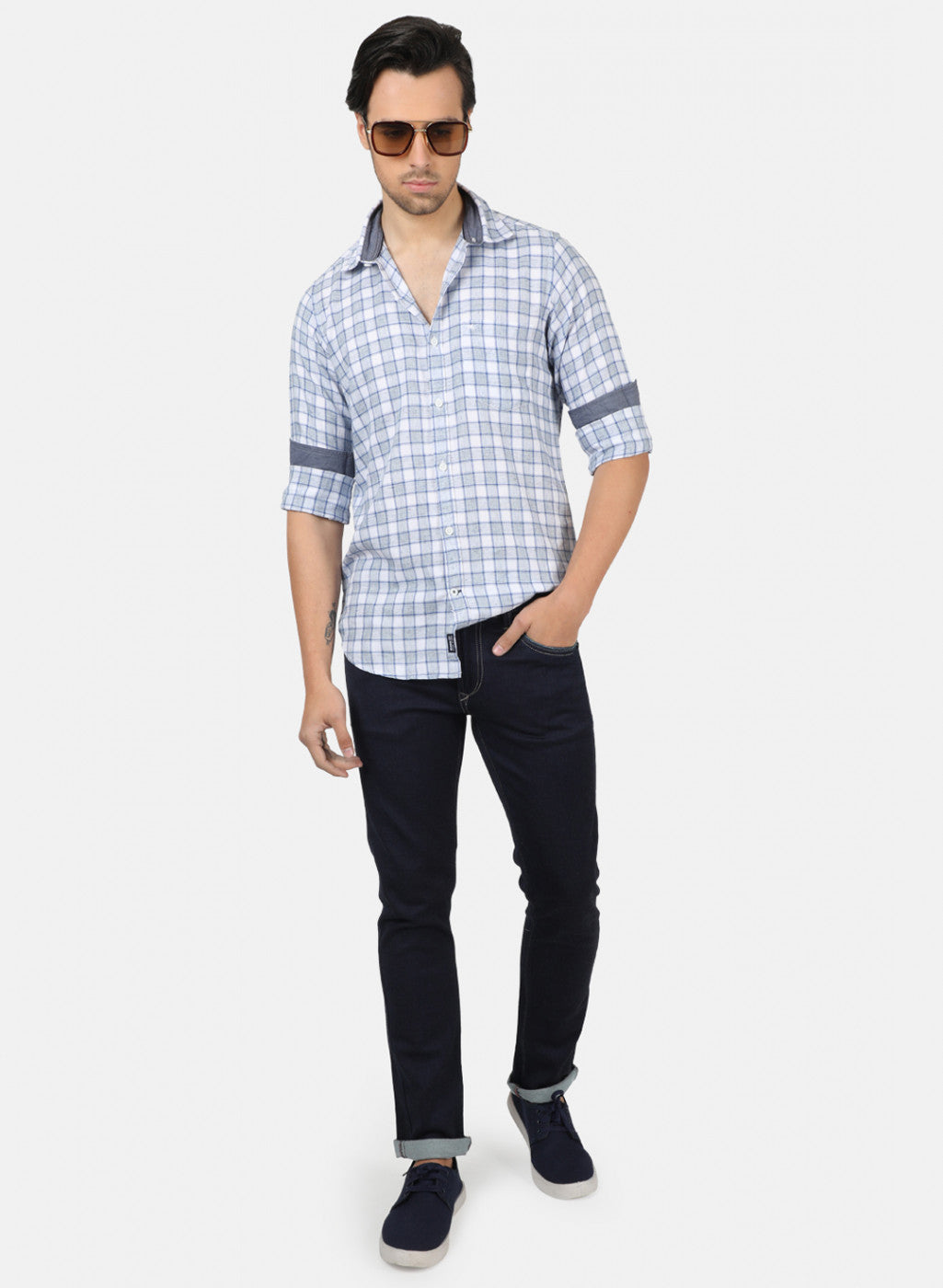 Men Grey & Blue Check Shirts