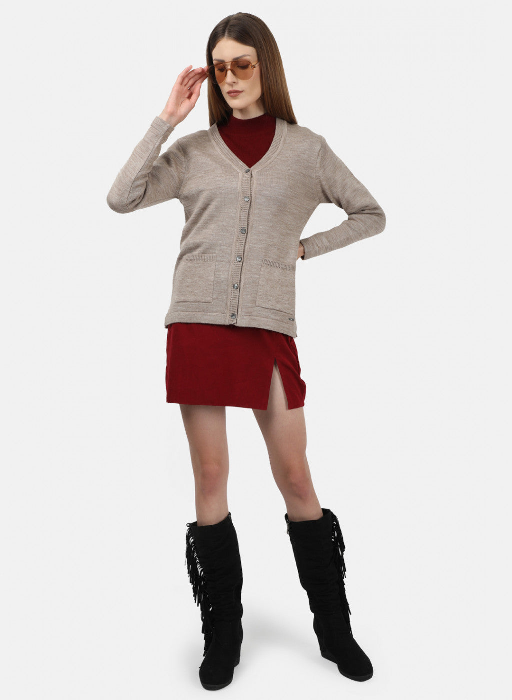 Women Beige Solid Cardigan