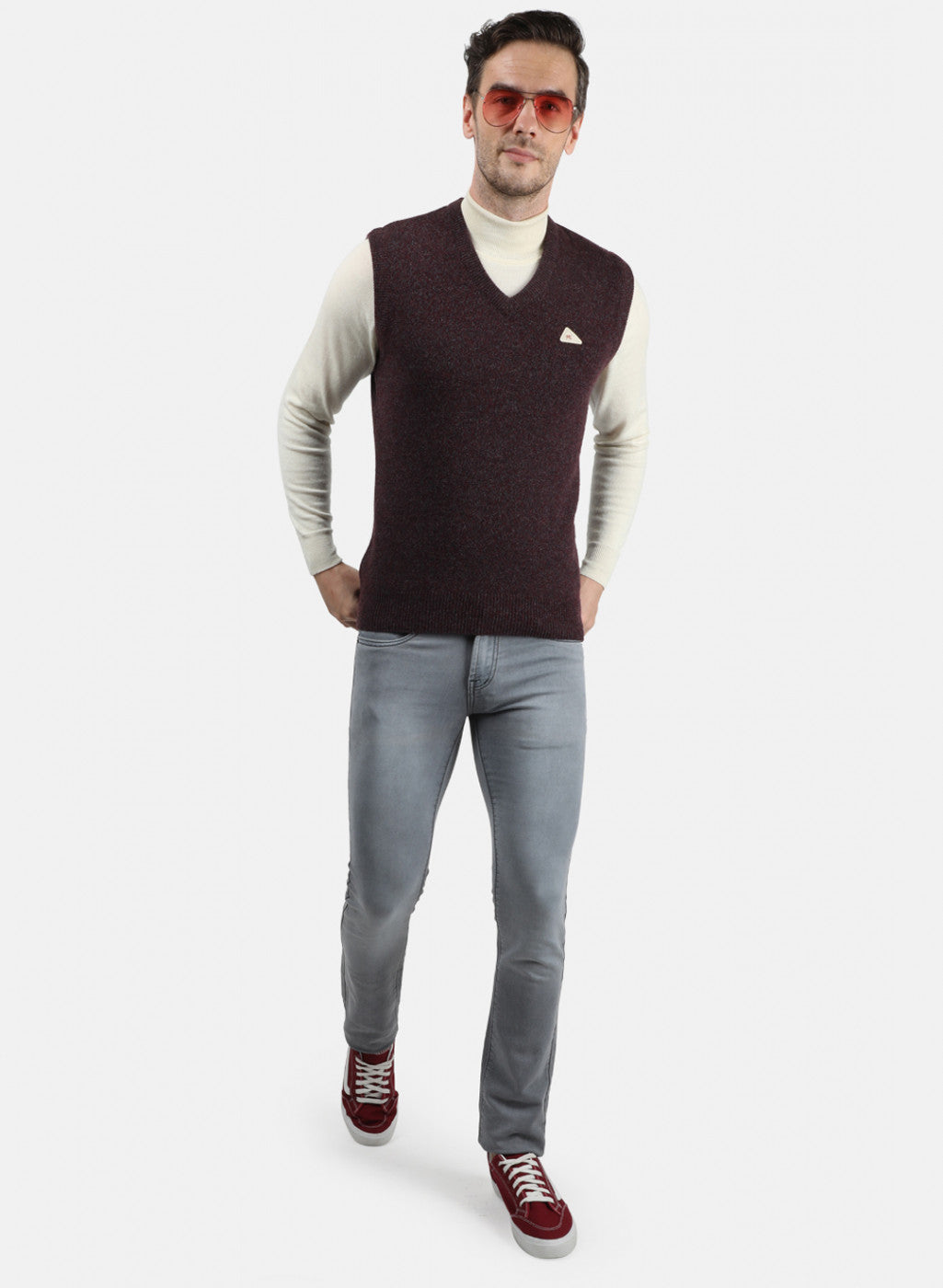 Men Maroon & Grey Solid Sweater