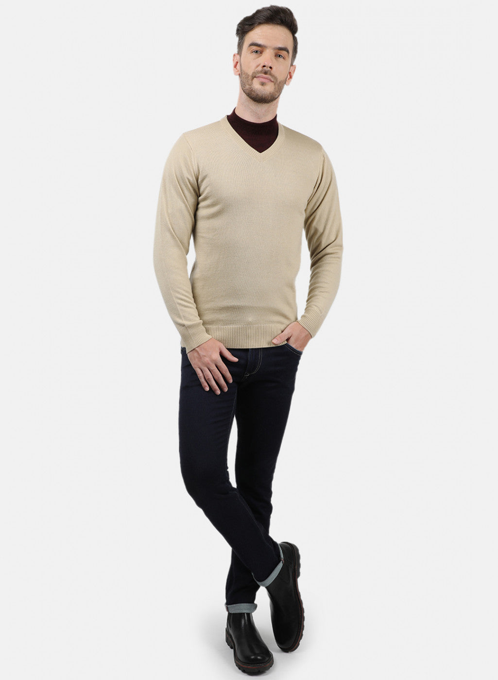 Men Beige Solid Pullover