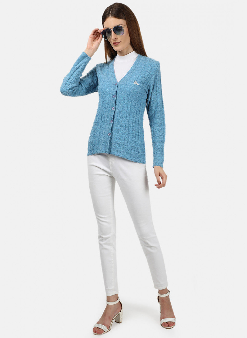 Women Blue Self Design Cardigan