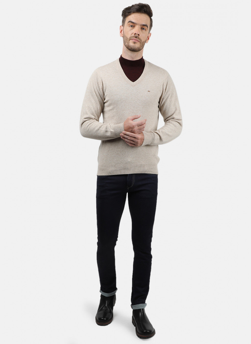 Men Beige Solid Pullover