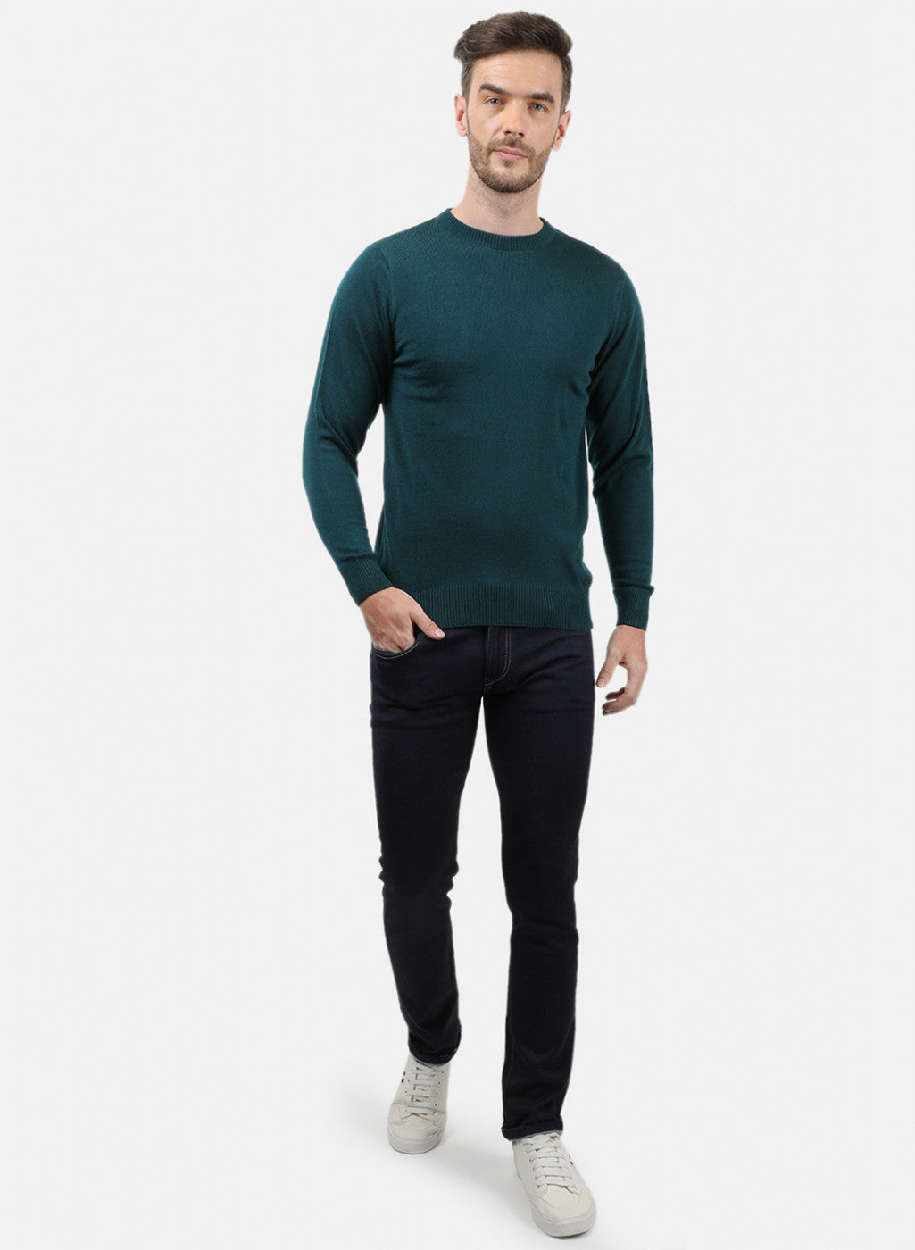 Men Bottle Green Solid Pullover