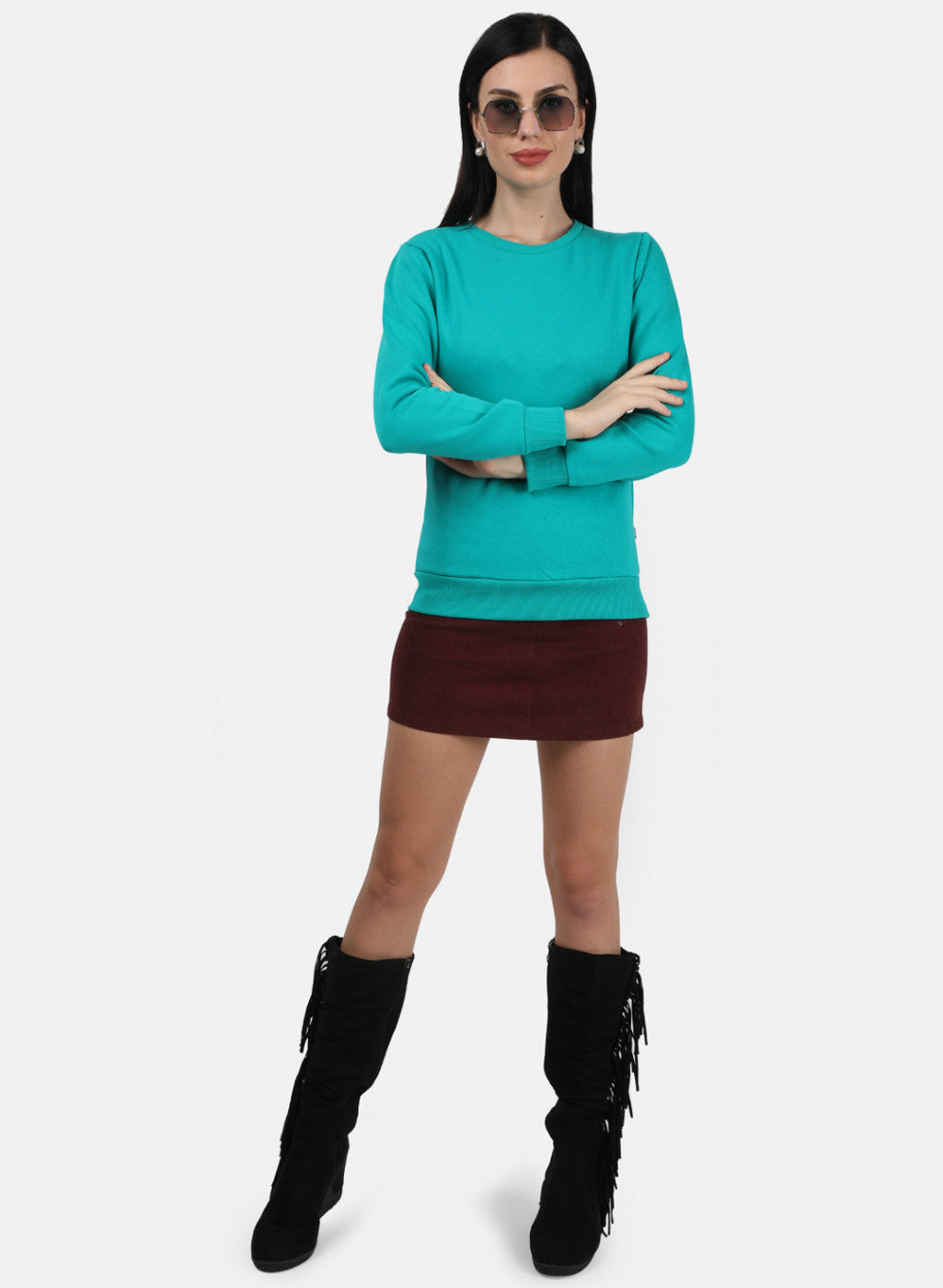 Women Green Plain Sweatshirt