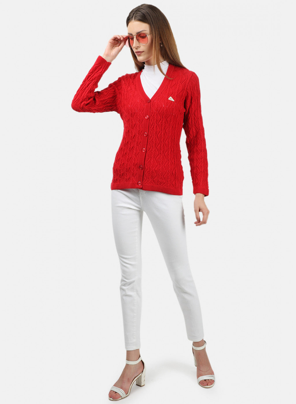 Women Red Self Design Cardigan