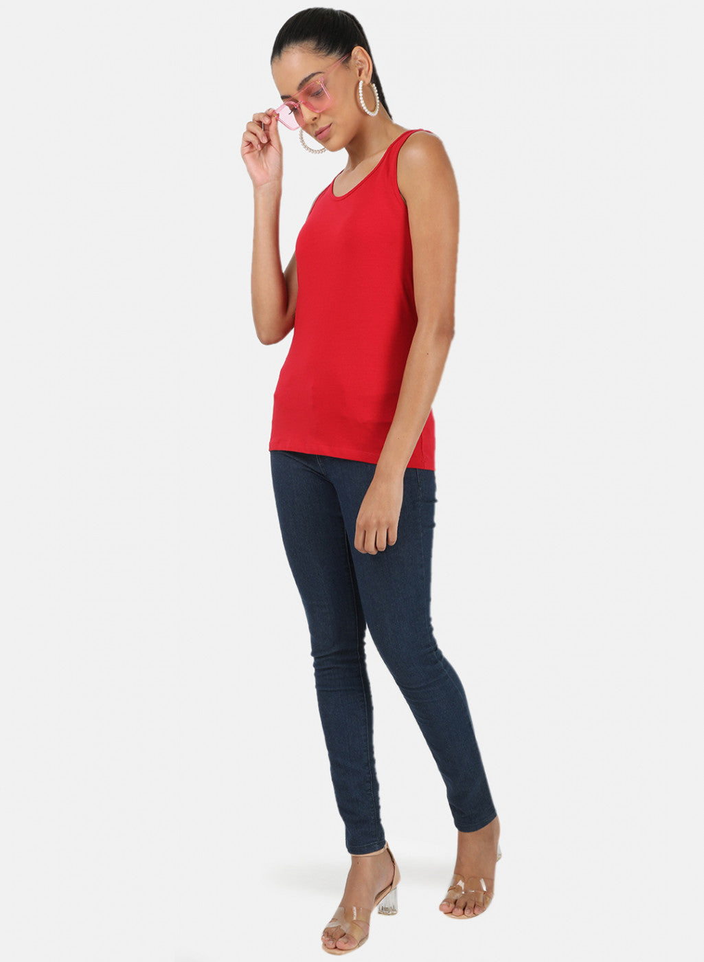 Womens Red Plain Spaghetti