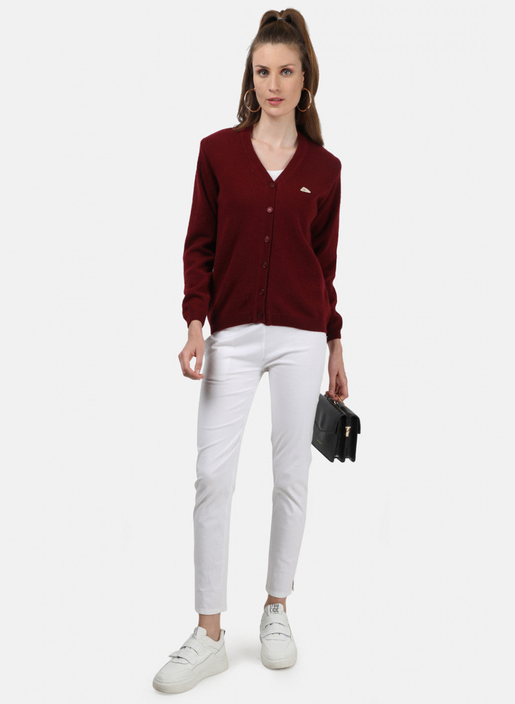 Women Maroon Solid Cardigan