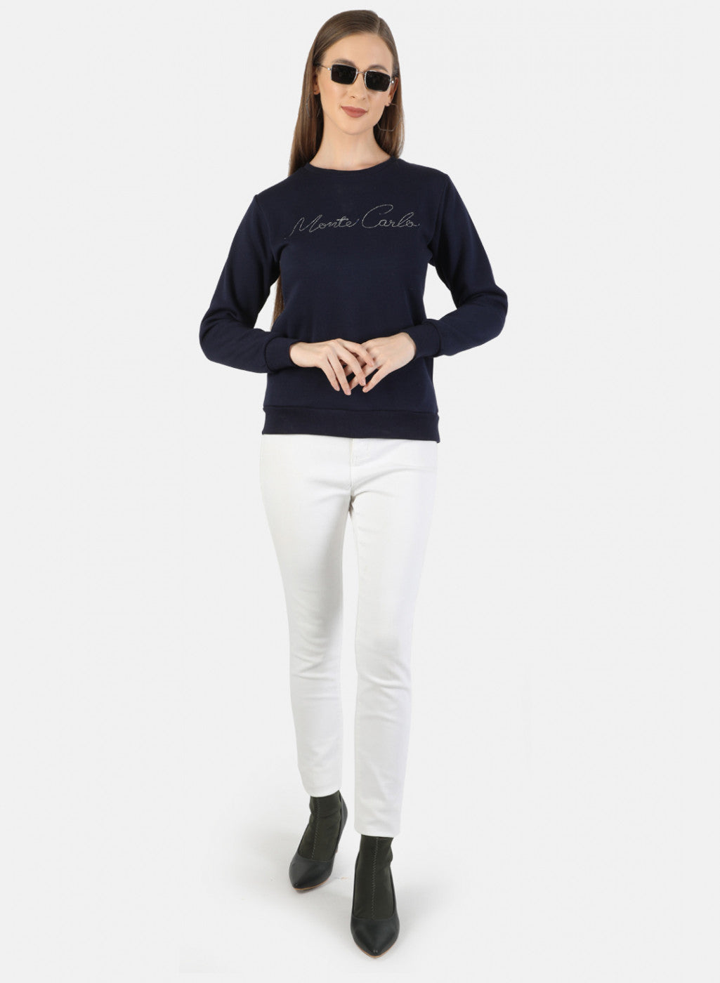 Women Navy Blue Embroidered Sweatshirt