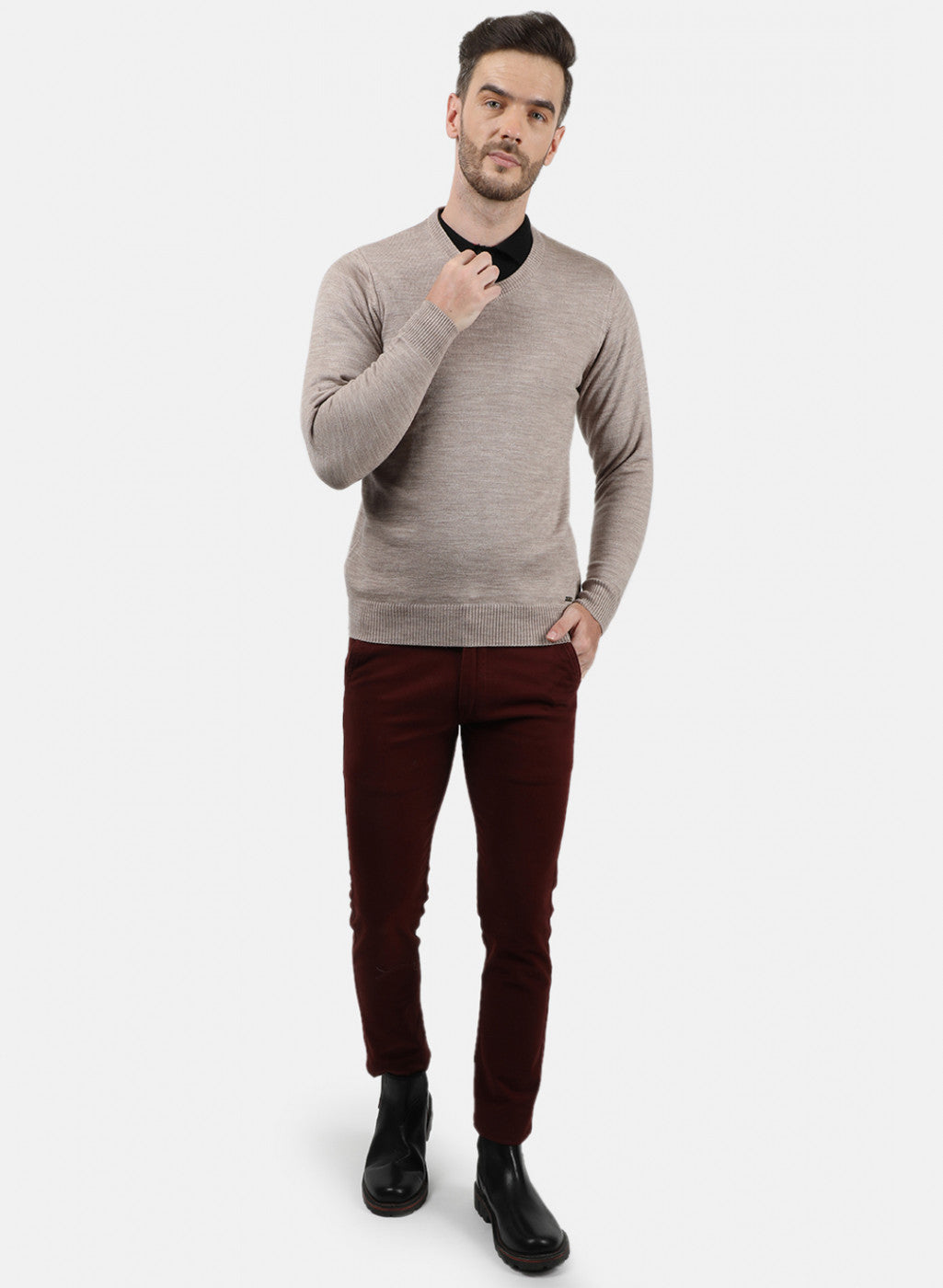 Men Beige Solid Pullover