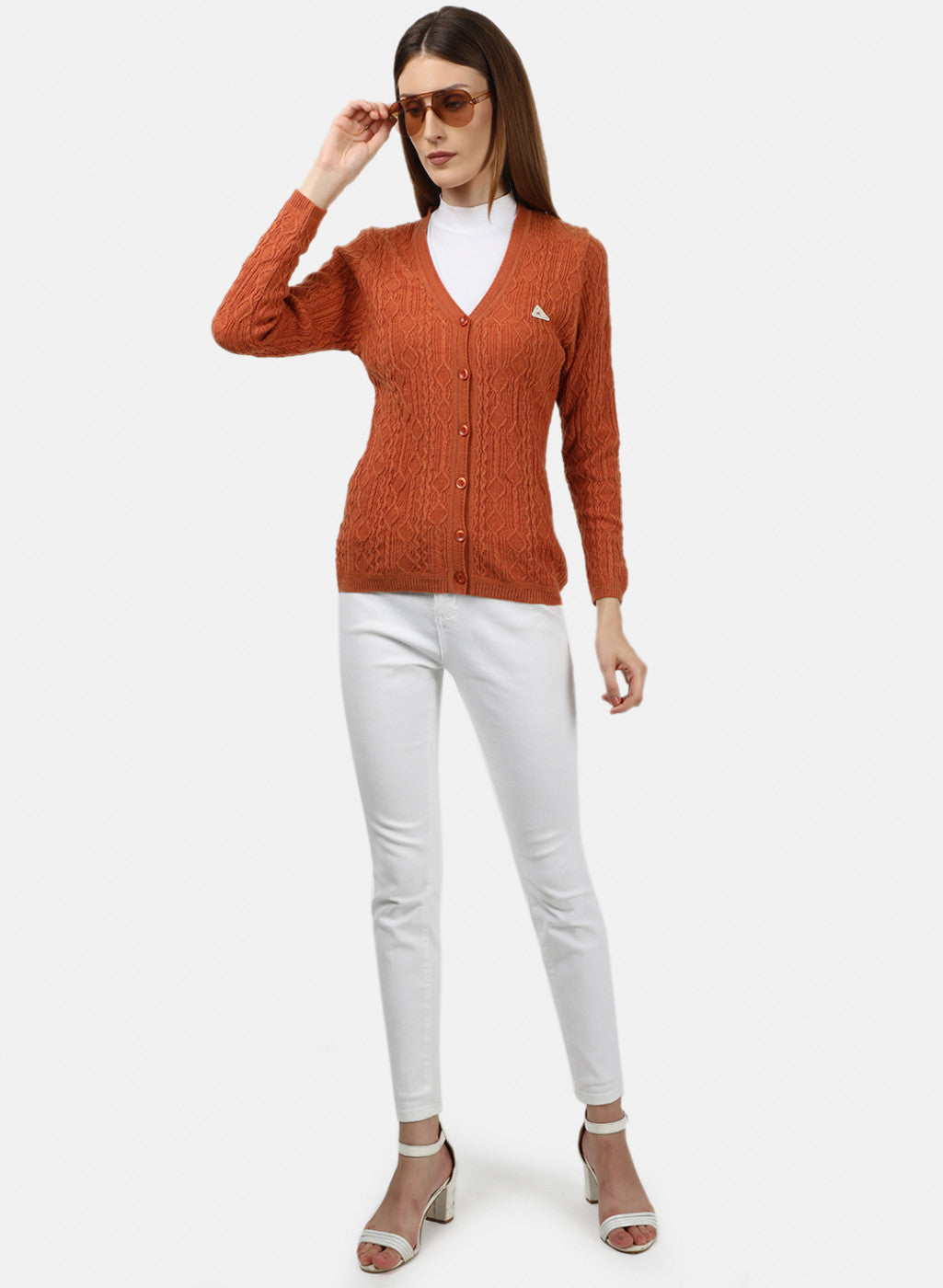 Women Orange Self Design Cardigan