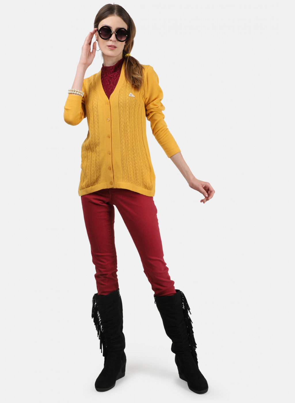 Women Yellow Self Cardigan