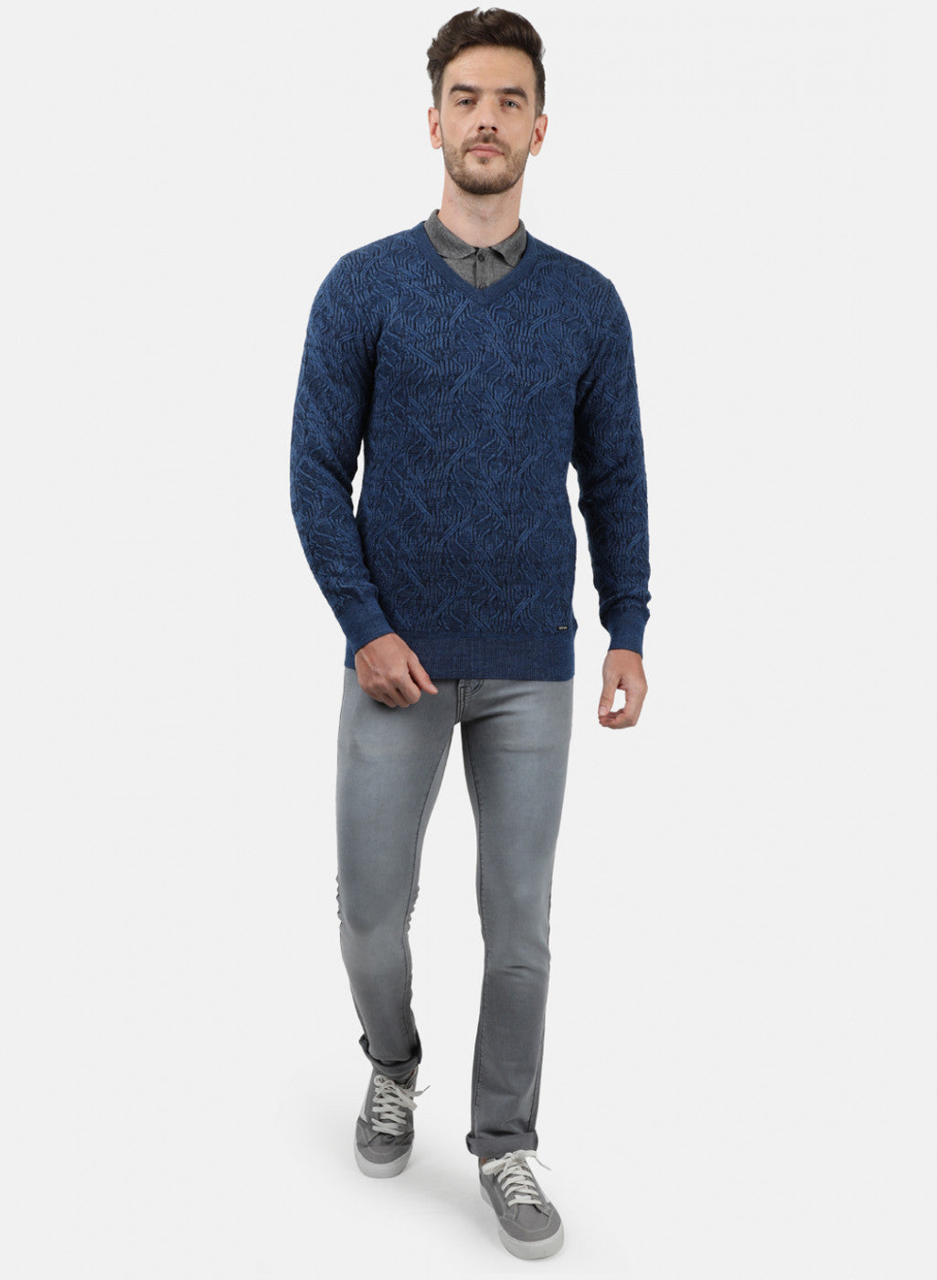 Men Blue Self Pullover