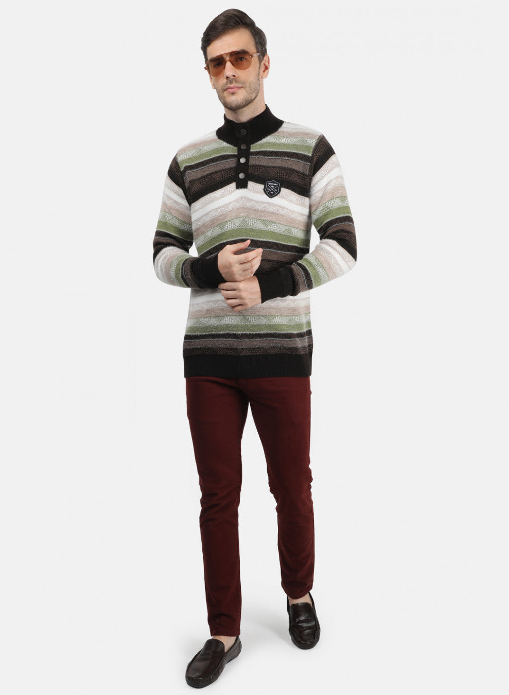 Men Brown & Green Solid Pullover