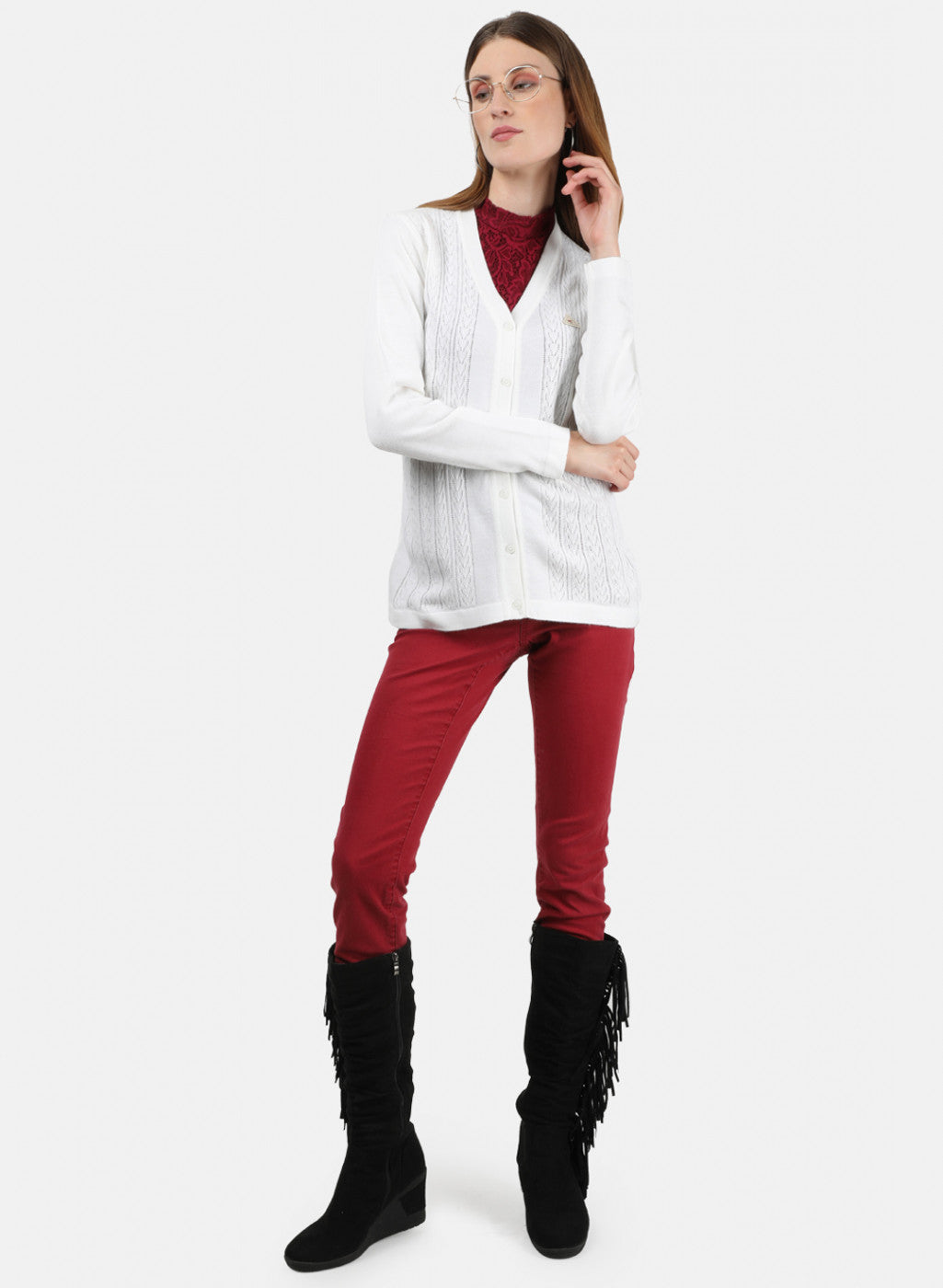 Women White Self Cardigan