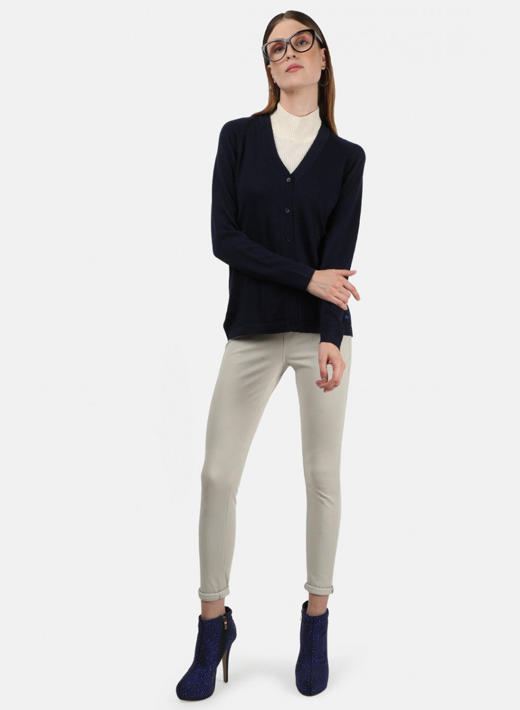 Women Navy Blue Solid Cardigan