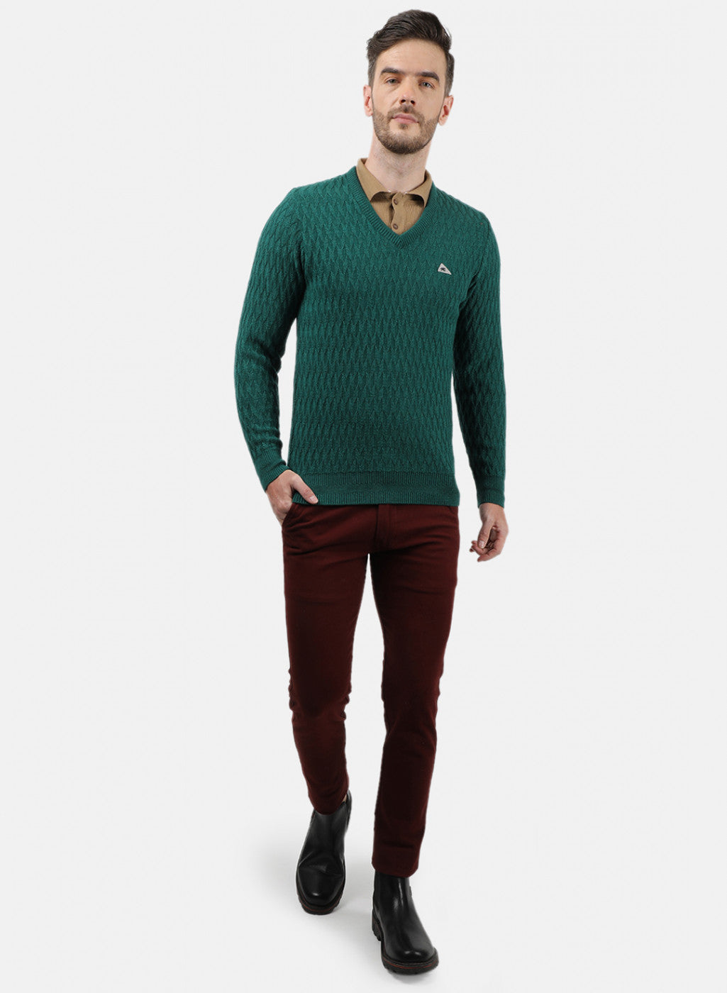 Men Green Self Pullover