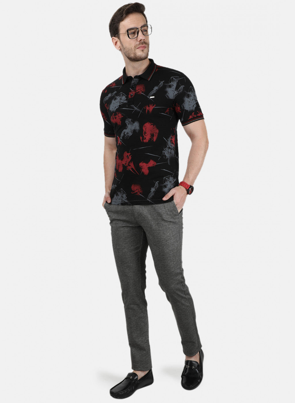 Mens Black Printed Collar T-Shirts