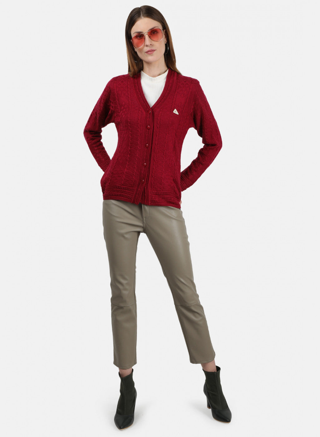 Women Red Self Cardigan