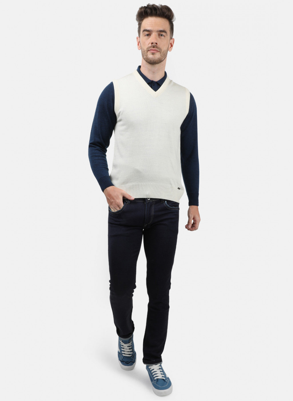 Men Off White Solid Sweater