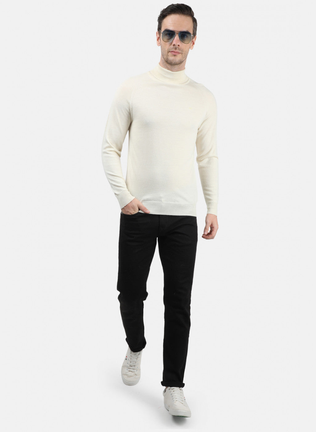 Men Cream Solid Pullover