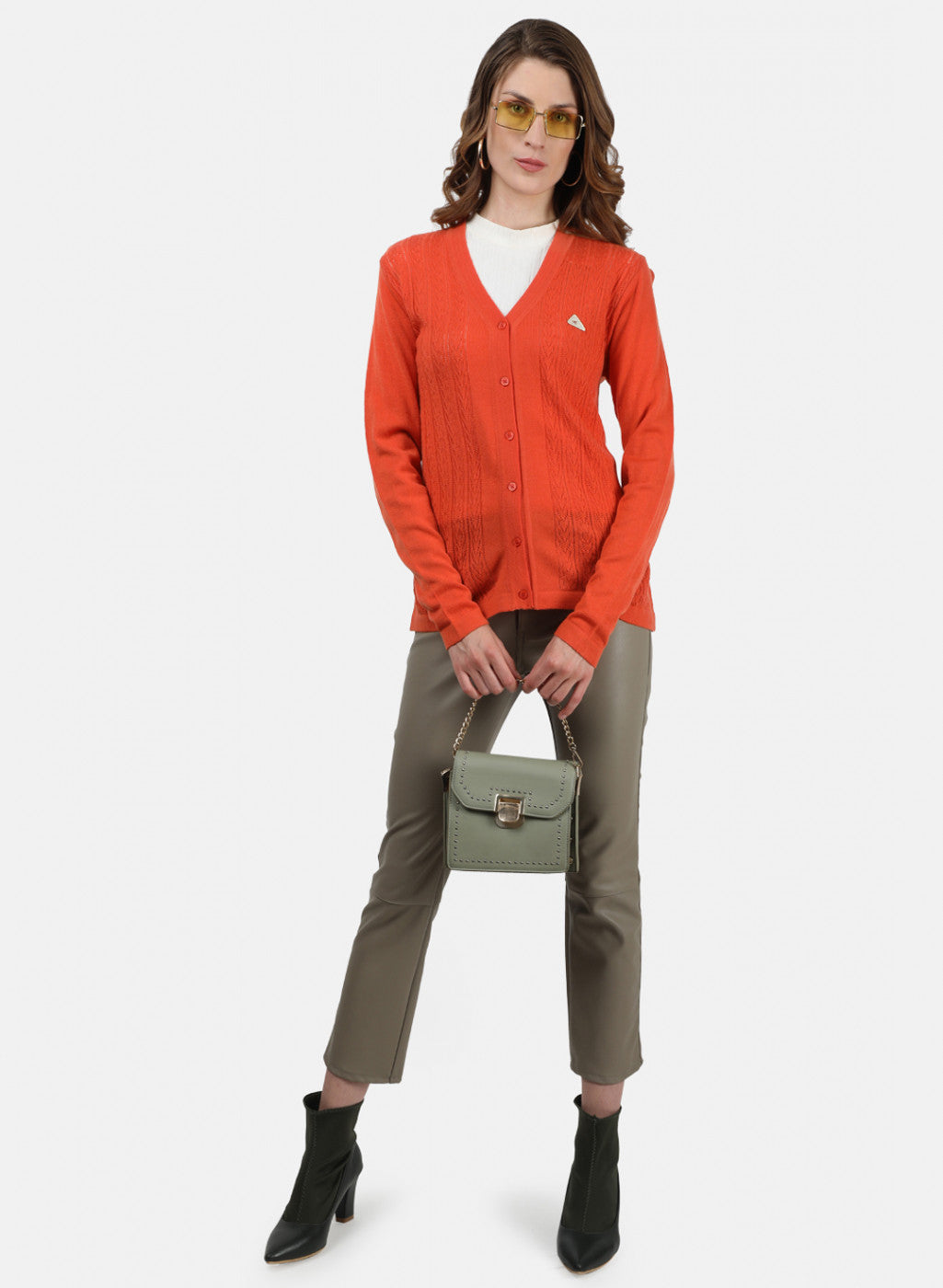 Women Orange Self Cardigan