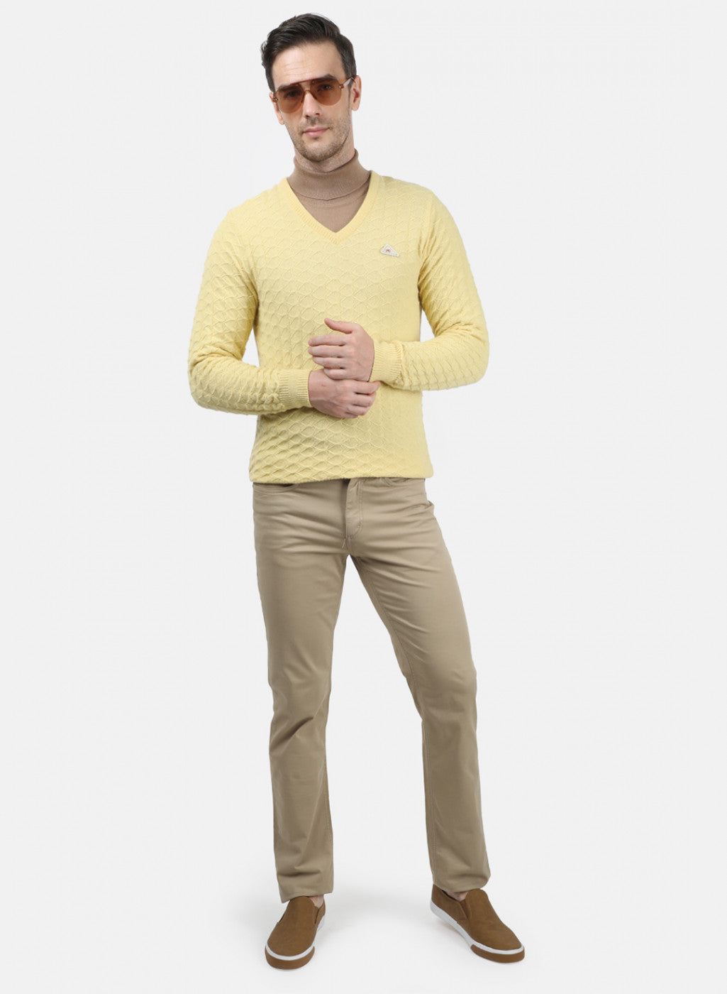 Men Yellow Self Design Pullover