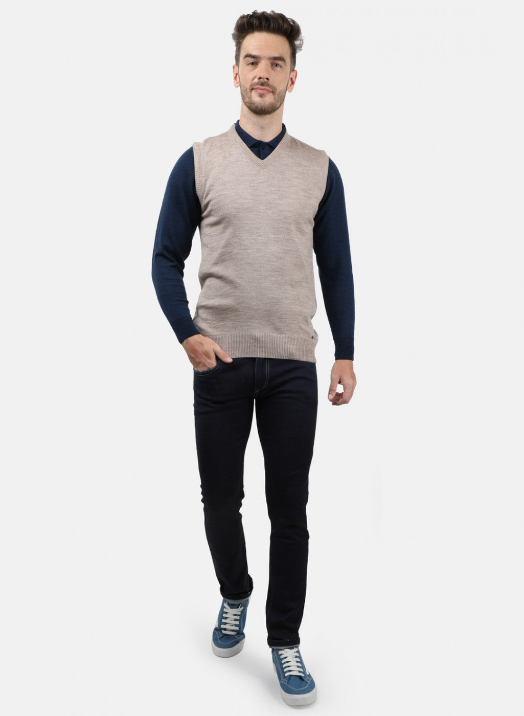 Men Beige Solid Sweater