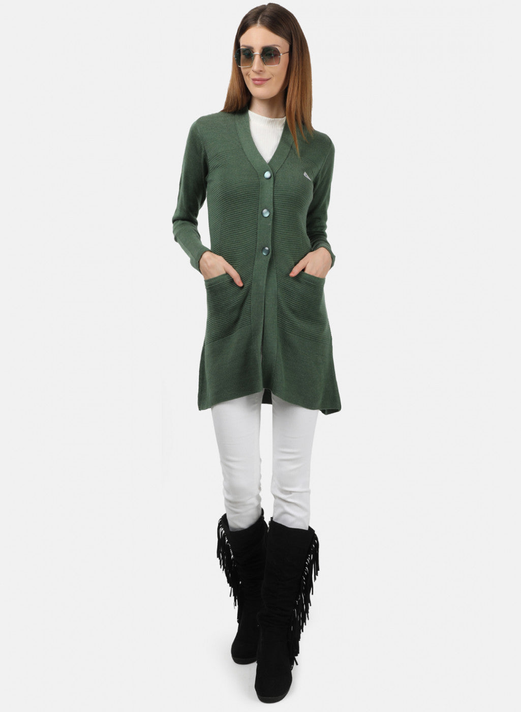 Women Green Self Design Cardigan