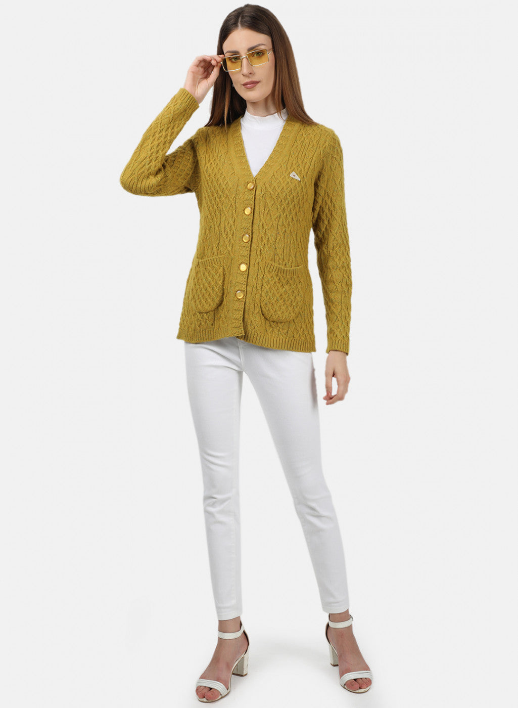 Women Yellow Self Design Cardigan