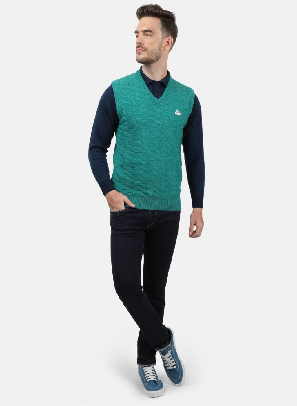 Men Blue Self Sweater