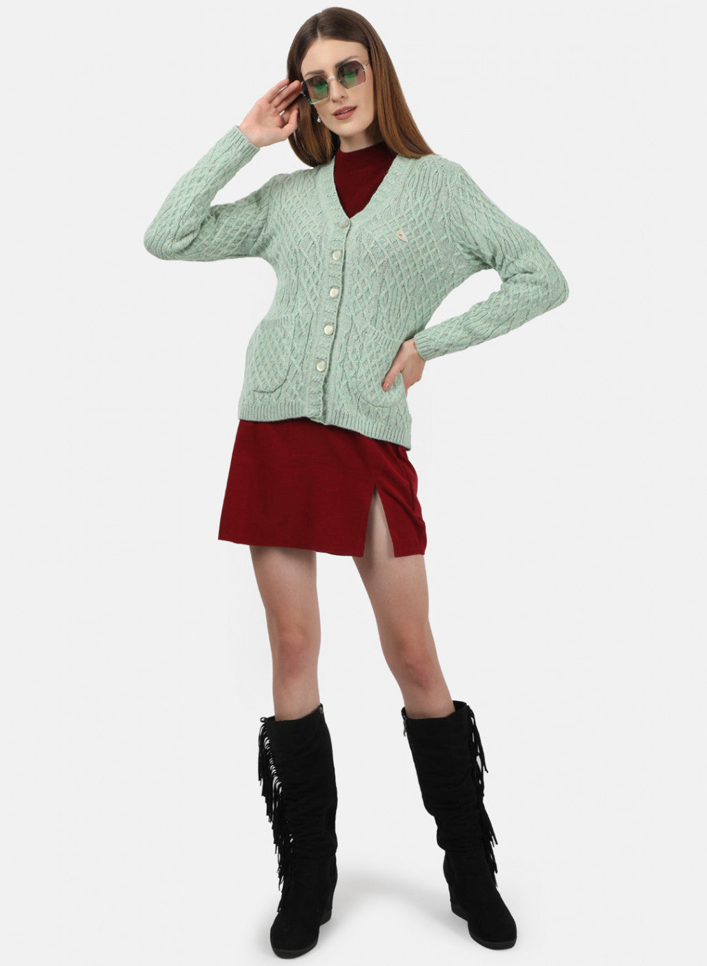 Women Green Self Design Cardigan