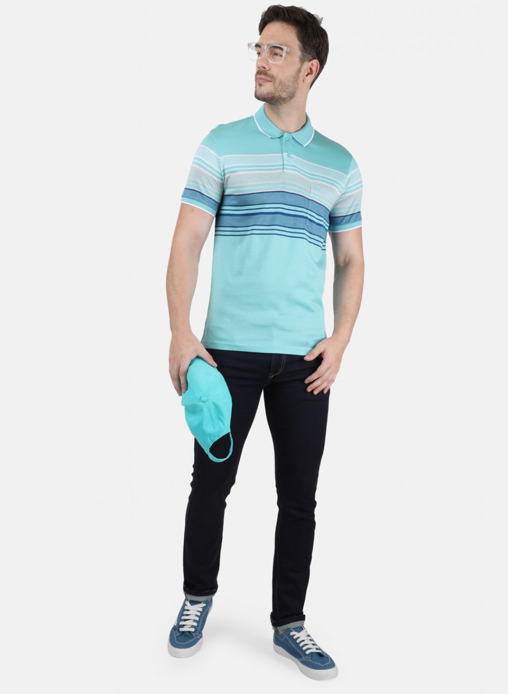 Mens Sea Green Stripe Collar T-Shirts