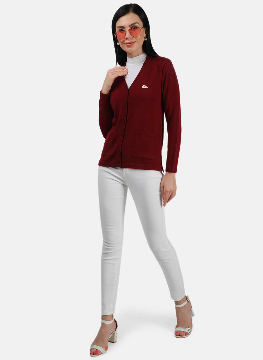 Women Maroon Solid Cardigan