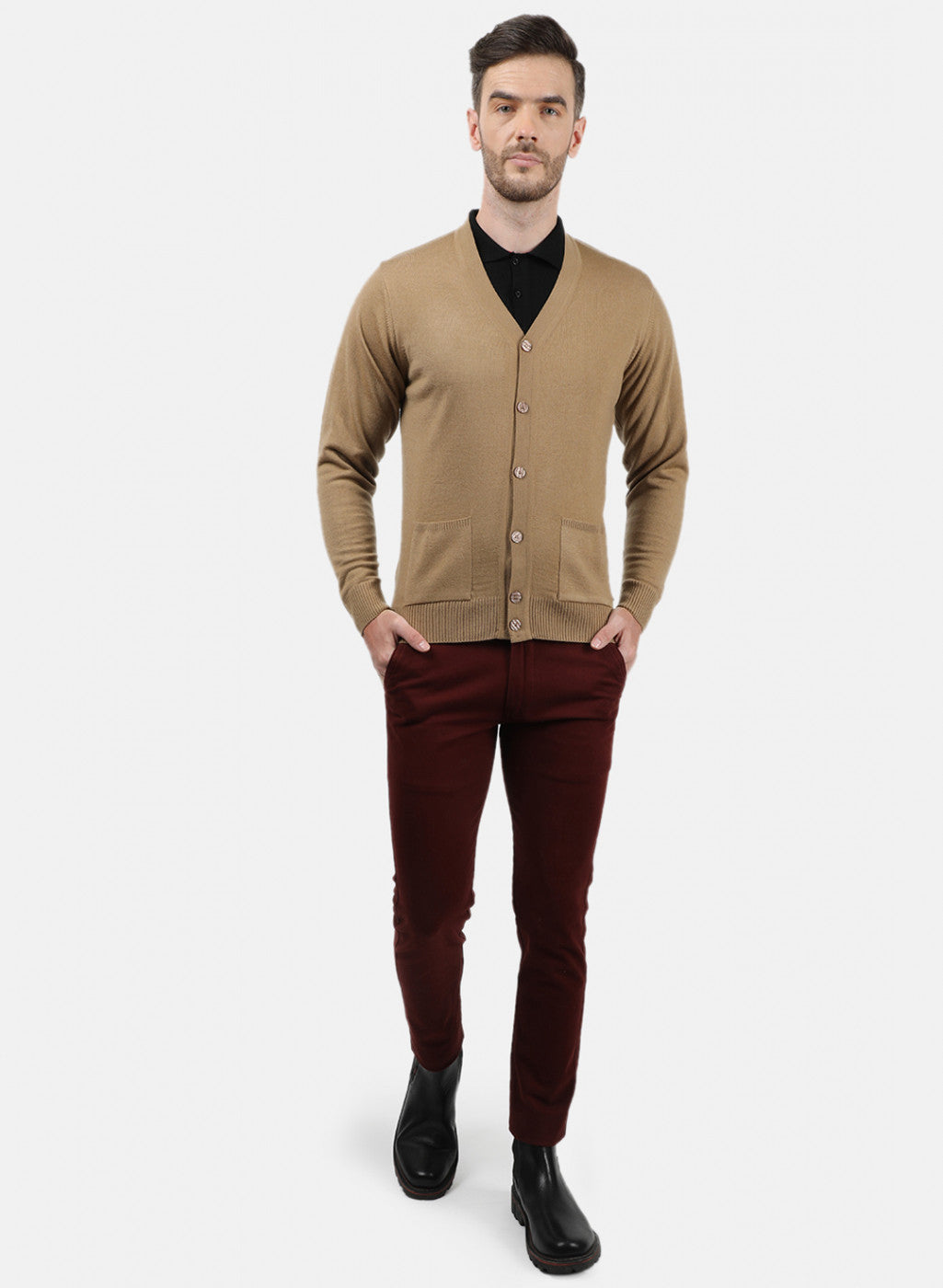 Men Beige Solid Cardigan