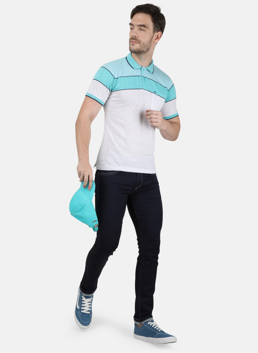 Mens Sea Green Stripe Collar T-Shirts