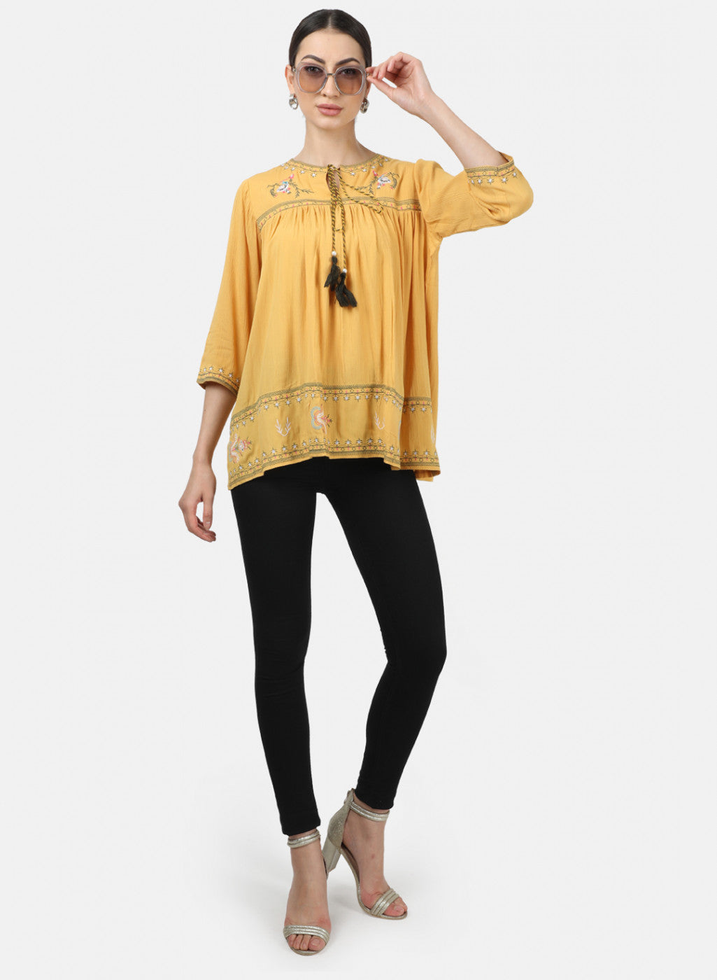 Womens Mustard Embroidered Tops