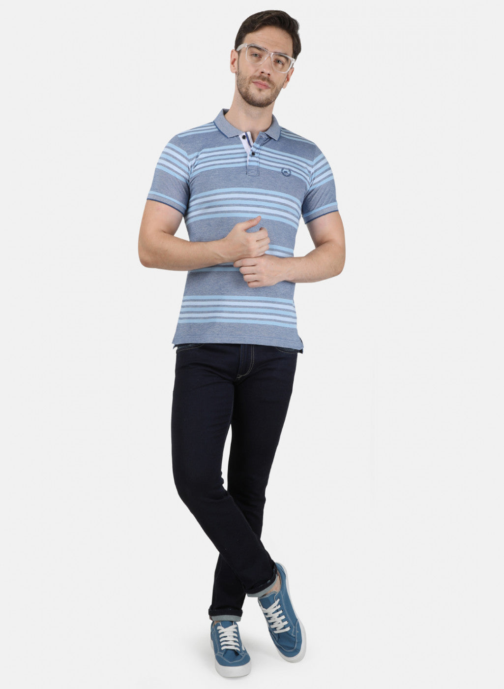 Mens Sky Blue Stripe Collar T-Shirts