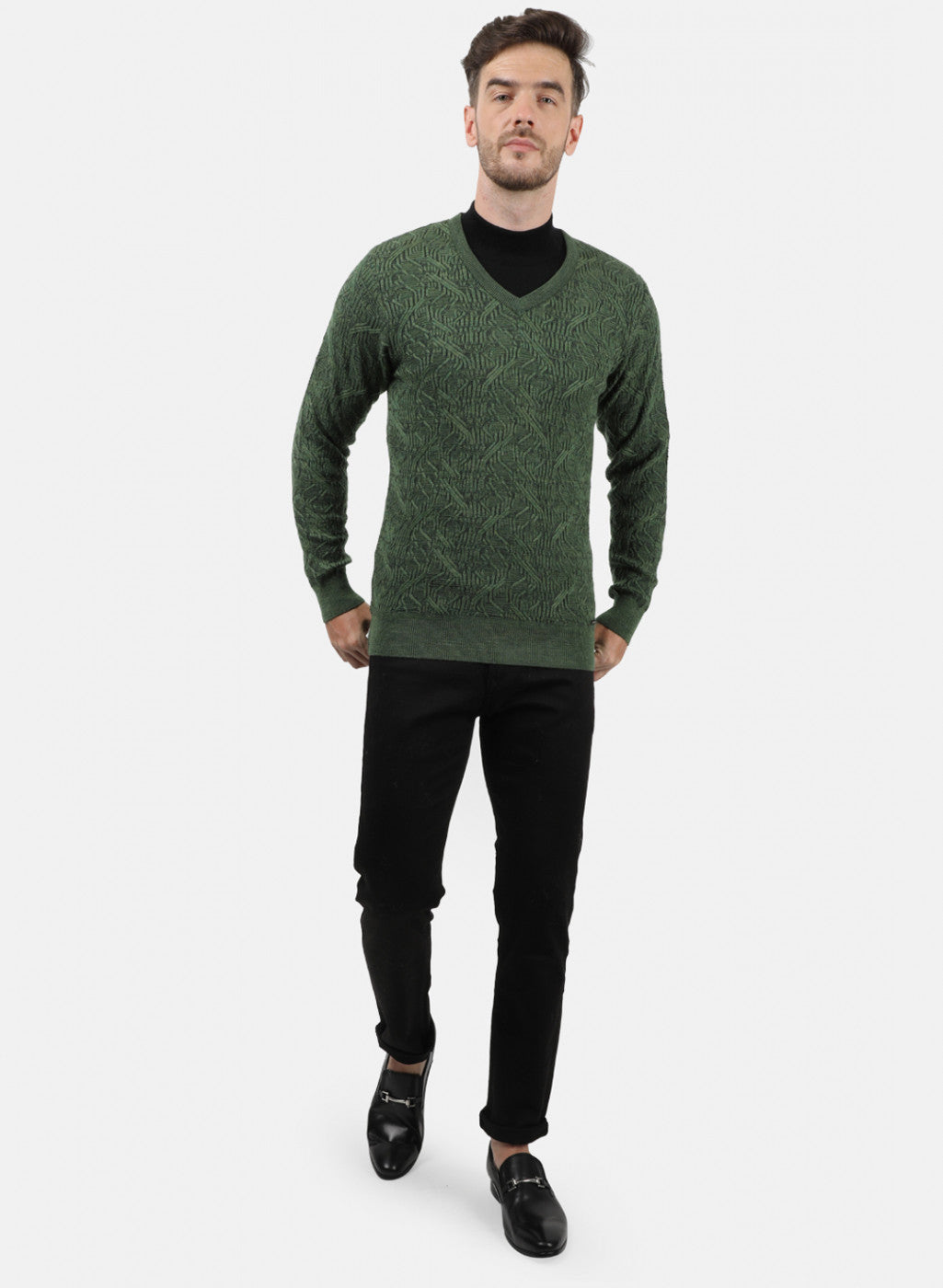 Men Green Self Pullover