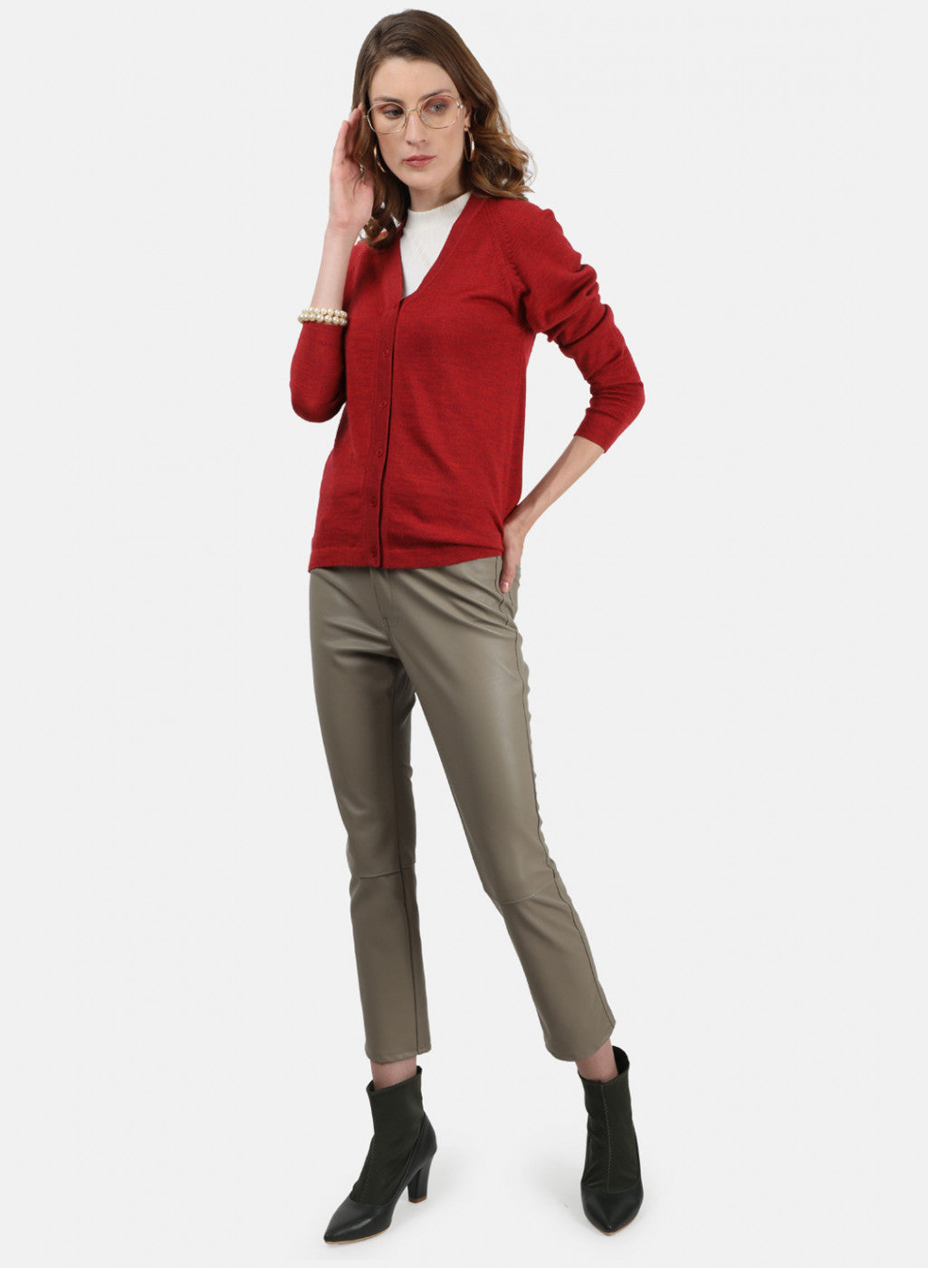 Women Red Solid Cardigan